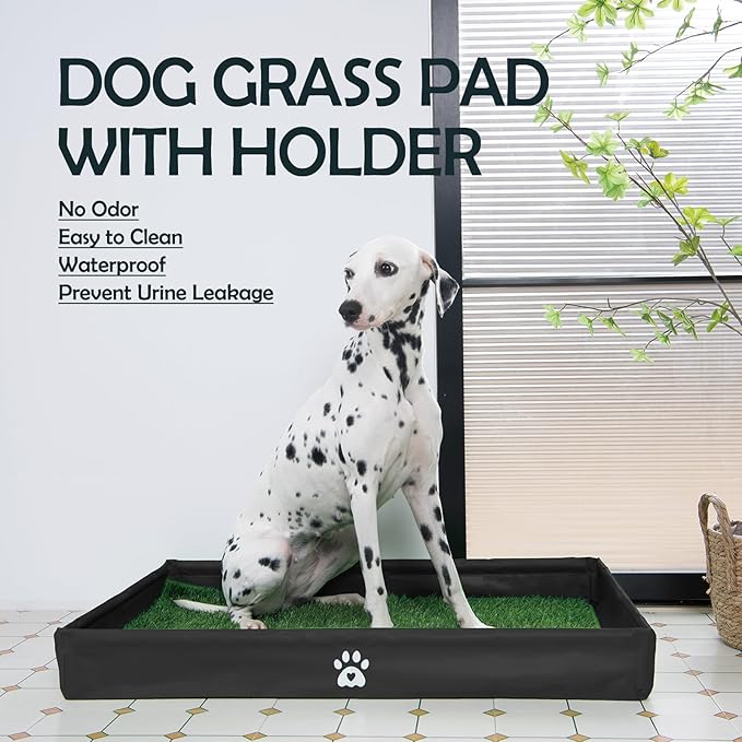 MEEXPAWS Dog Grass Pad with Foldable Dog Litter Box, Small Pee Pad Holder Foldable Liner Base High Side with Odor Free Artificial Grass for Puppy Potty Training Balcony, 2 PCS Reusable Pee Pads