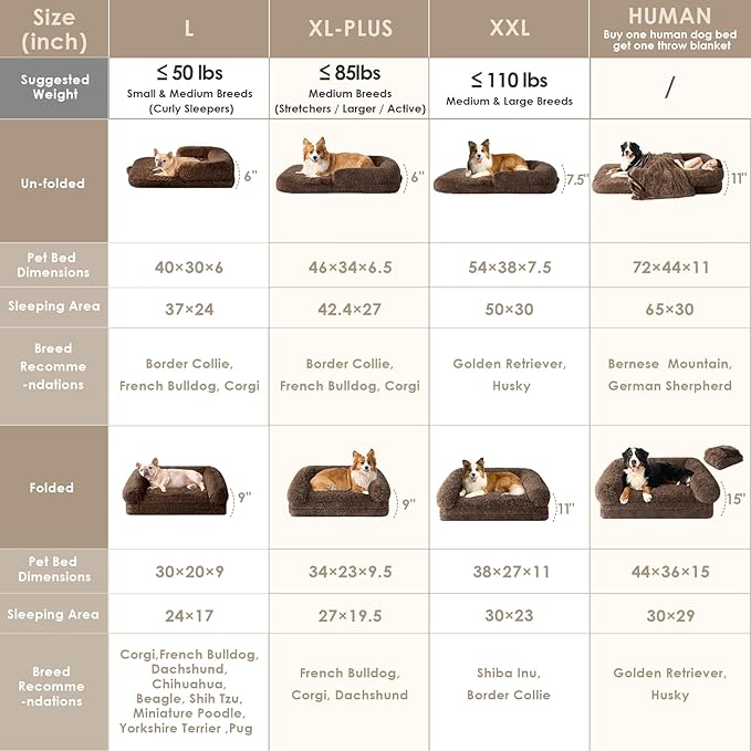 EHEYCIGA Foldable Dog Bed, Faux Fur Fluffy Dog Couch Bed, Orthopedic Calming Memory Foam Pet Bed for Small Dogs, Washable Soft Warm Pet Sofa Bed with Non-Slip Bottom, Brown, 40"x30"x6"