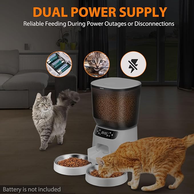 Automatic Cat Feeders for Two Cats, 5L/20 Cups Double Automatic Cat Food Dispenser with 2 Stainless Bowls, Timer Setting 20 Portions 6 Meals Per Day, 10s Meal Call, Pet Feeder for Dog (White)
