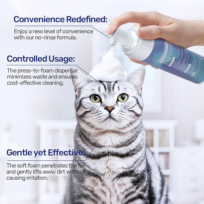 Waterless Cat Shampoo - No Rinse Foam Cat Bath | Licking Safe Dry Shampoo for Dander Reducing | pH Balanced (7 oz) for Kitten Sensitive Skin | Deep Cleansing Relieves Itchy Skin & Shedding
