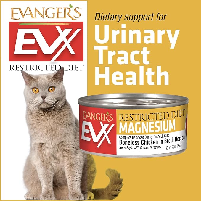 Evanger’s EVX Restricted Diet Magnesium Canned Cat Food – 24 Count, 5.5 oz Cans Each – Boneless Chicken in Broth with Berries – Grain Free, Limited Ingredients, Stew Style
