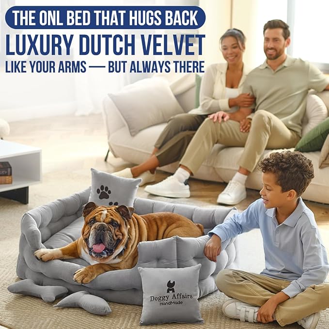 Luxury Dog Bed Chesterfield – Handcrafted Velvet Throne for Dogs | Joint Support, Calming & Temp-Regulating Comfort | Durable 5+ Years, Anti-Claw, Washable 100+ Times – L, Gray