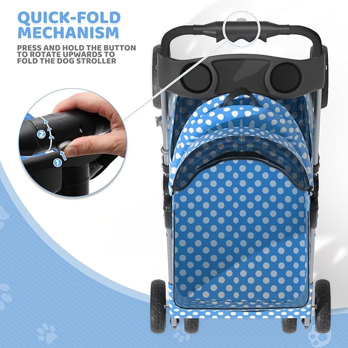 Magshion Foldable Pet Stroller, 3-in-1 Dog Travel Jogger with Detachable Carrier, Cup Holder, Storage Basket, Folding Carrier for Small/Medium Dogs & Cats Up to 33 lbs, Sky Blue Polka Dots