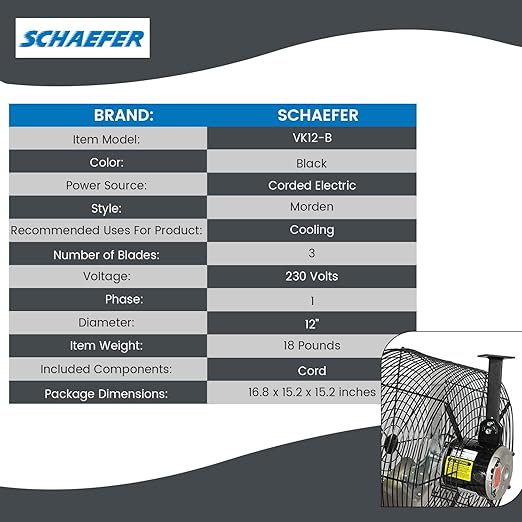 Schaefer VK12-B VersaKool Air Circulator Ceiling Wall Mount Greenhouse Fan & Aluminum Blade, 1470 CFM, 1/10 hp, Energy-Efficient Commercial Fan for Patio, Garage, Industrial & Workshop (Black)