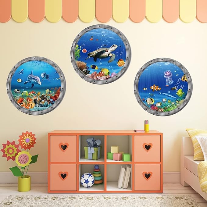 9PCS Ocean Animals World Under Sea Decor Sea Turtles Dolphins Fishes Sharks Coral Removable 3D Peel and Stick Vinyl Stickers