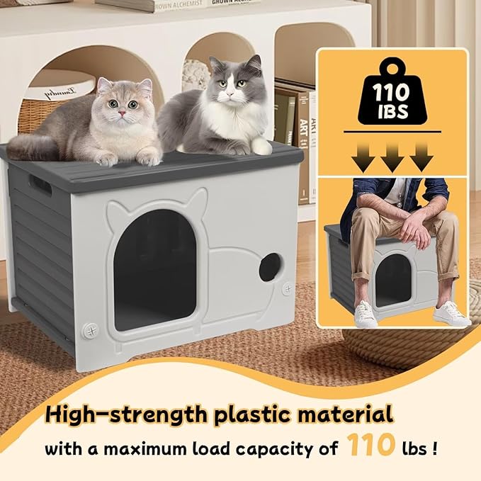 Plastic Outdoor Cat House Waterproof Feral Cat Shelter(Gray)