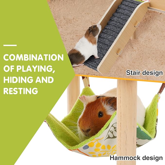 Guinea Pigs Hammock with Platform, Safe Wooden Guinea Pig Hideout with Stairs, Durable Small Pet Bed for Piggies Chinchilla Rat Hamster Bunny (Single Hammock)
