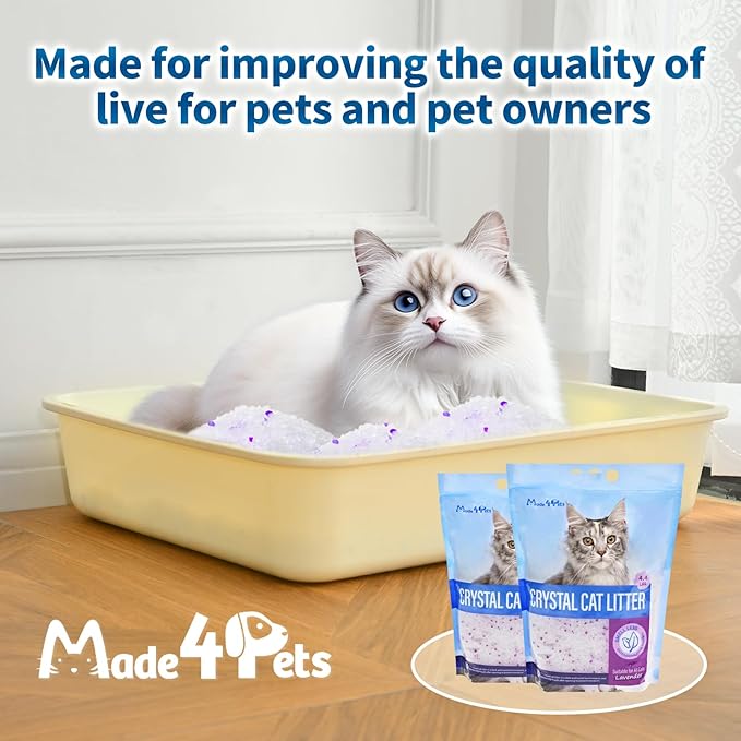 Made4Pets Cat Litter Crystals, Non Clumping Cat Litter Odor Control Kitty Litter Non Clumping No scooping Low Dust, Low Tracking, Lightweight, Dehydrates Waste, Lavender – 8.6 lbs (2 x 4.3 lb Packs)