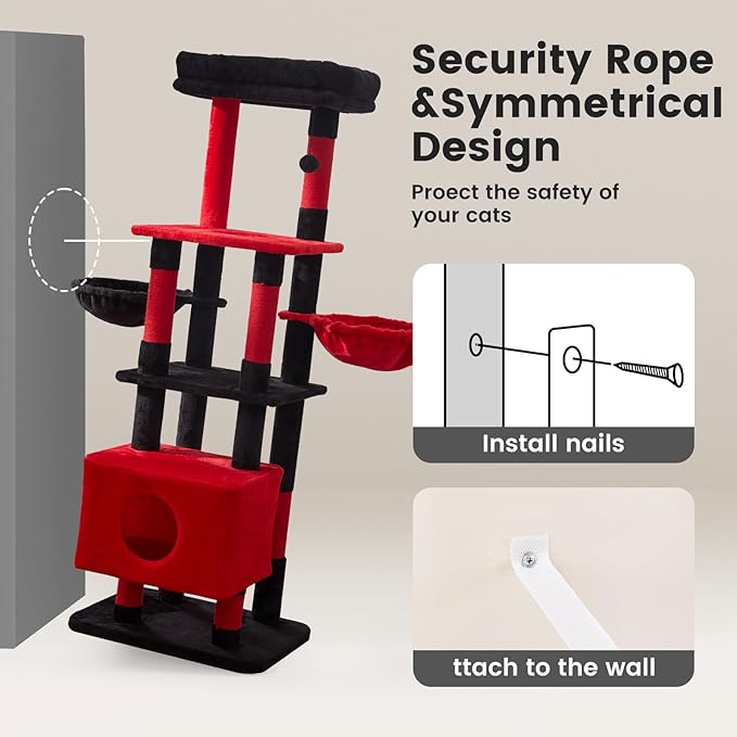 Gardner Pet 65in Heavy Duty Cat Tree Tower for Large Cats, Multi-Level Cat Furniture with Replaceable Sisal Scratching Post, Hammock | Extra-Large Platform & Condo (Black Red, Basic φ:2.84")