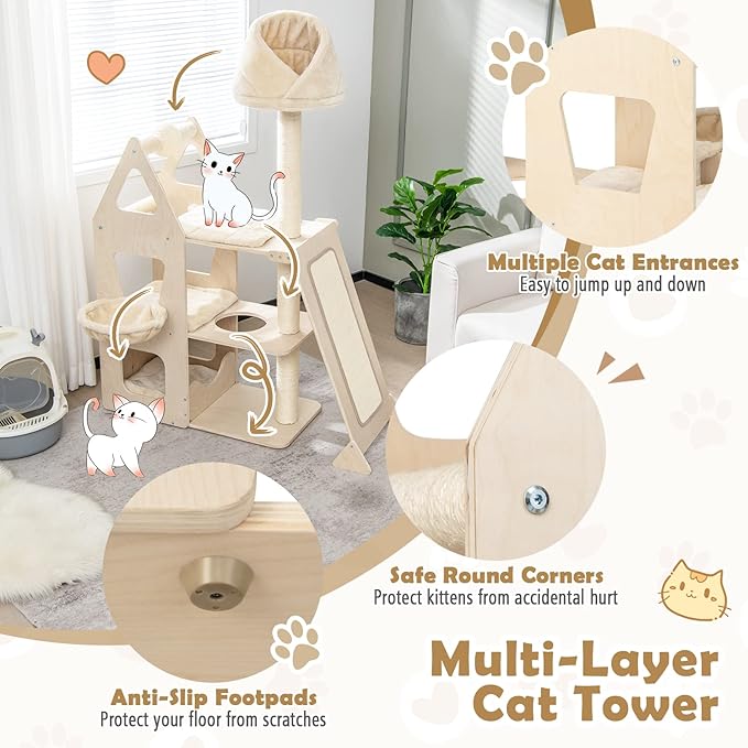 Tangkula Modern Wood Cat Tree for Indoor Cats, 64 Inch Multi-Level Tall Cat Tree with Scratching Rotatable Ball & Posts, Sisal Ramp, Hanging Basket, Large Cat Tower with Plush Perch, Washable Mats