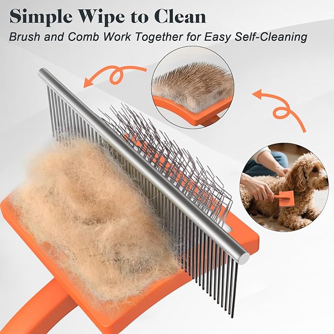 2PCS Slicker Brush for Dogs & Pet Comb,Professional Dog Grooming Brush (Goldendoodles,Poodles,Labradoodles) with Extra Long Pins to Effectively Remove Tangles, Knots and Mats (Orange)