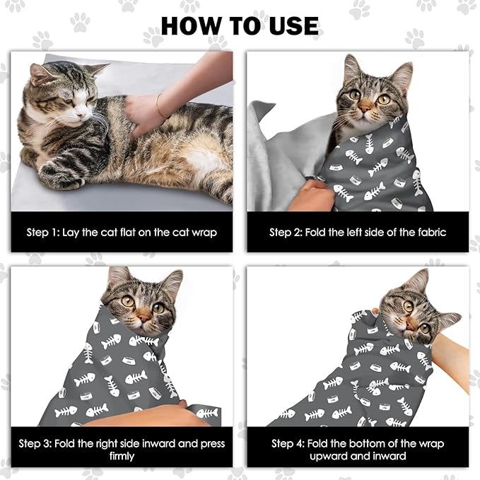 27.6" Cat Grooming Wrap, Self Adhesive Cat Wrap for Cutting Nails, Anti-Escape Calming Cat Swaddle Wrap for Medicine Ear Cleaning, Anti-Scratch Cats Burrito Restraint Blanket, Practical Pet Tool Grey