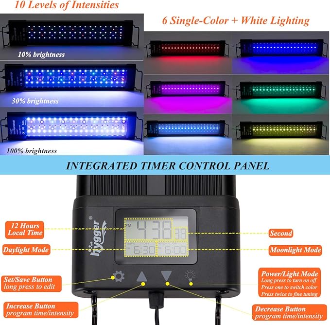 hygger Auto On Off 48-55 Inch LED Aquarium Light Extendable Dimable 7 Colors Full Spectrum Light Fixture for Freshwater Planted Tank Build in Timer Sunrise Sunset