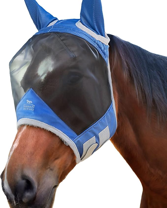 Harrison Howard CareMaster Pro Luminous Horse Fly Mask Large Eye Space Standard with Ears UV Protection for Horse Royal Blue Full Size