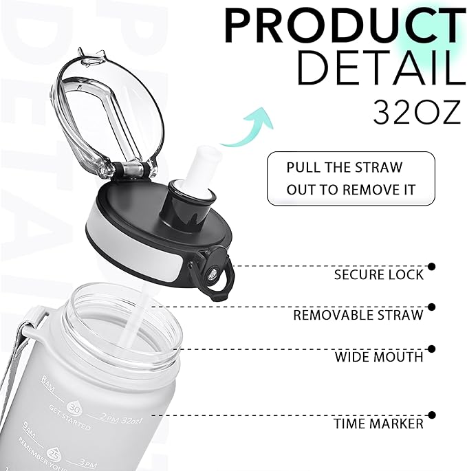 32oz Motivational Water Bottles with Time Marker & Fruit Strainer, Transparent Gradient Color Water Bottle with Times to Drink, Leakproof & BPA Free, Reusable Bottle with Strap (No Straw)