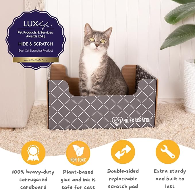HIDE & SCRATCH Cat Scratcher Box and Cat Bed with Refillable Double-Sided Cardboard Scratch Pad for Indoor Cats