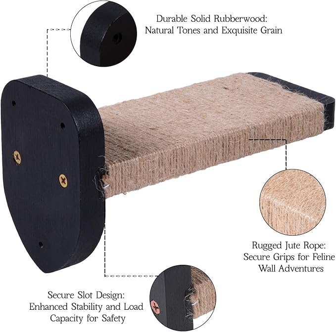 3pcs Wall Steps for Cats, Climbing Mounted Furniture, Shelves With Hemp Rope Covered, Solid Wood Ladder for Playing and Climbing (Large-Black)