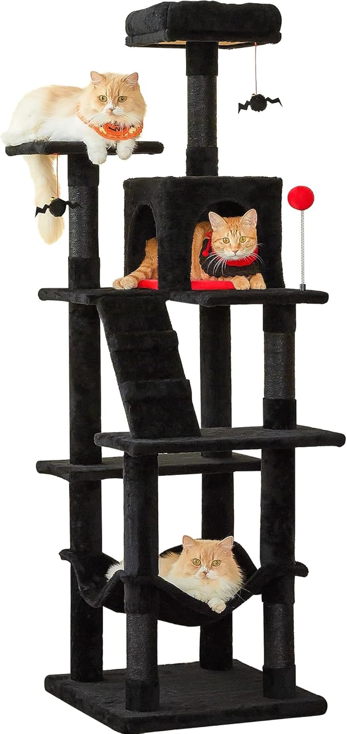 MWPO Gothic Cat Tree for Indoor Cats, 63.8 Inches Multi-Level Cat Tower with Sisal-Covered Scratching Posts, Padded Platform, Hammock, Dangling Toys, Stable Cat Condo Pet Play House, Black