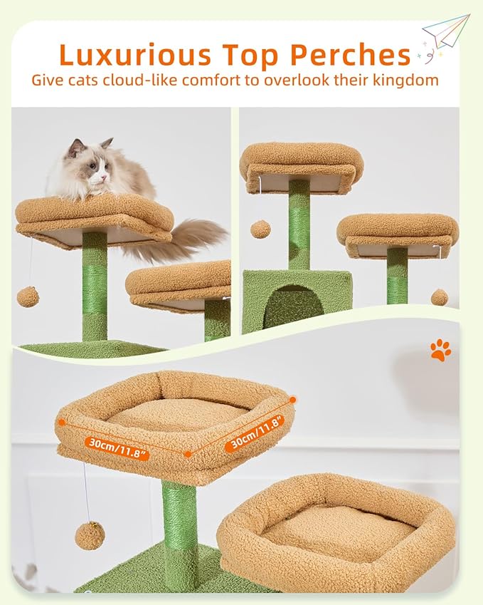 Taoqimiao Cat Tree, 68-Inch Cat Tree Cat Tower for Indoor Cats, Plush Multi-Level Cat Condo with 6 Scratching Posts, 2 Perches, 2 Caves,Hammock, 3 Pompoms,MS020ST Cactus
