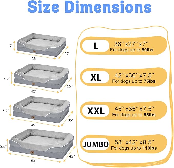 Washable Orthopedic Large Dog Bed - Extra Large Dog Beds with Bolsters Removable Orthopedic Foam Support Dogs Bed Waterproof Cover Non-Slip Bottom Pet Beds