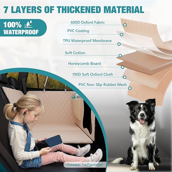 Waterproof Dog Car Seat Cover for Back Seat – Heavy Duty Back Seat Extender for Dogs with Hard Bottom, 7-Layer Protection, Non-Slip & Scratchproof, Easy to Install (Beige)
