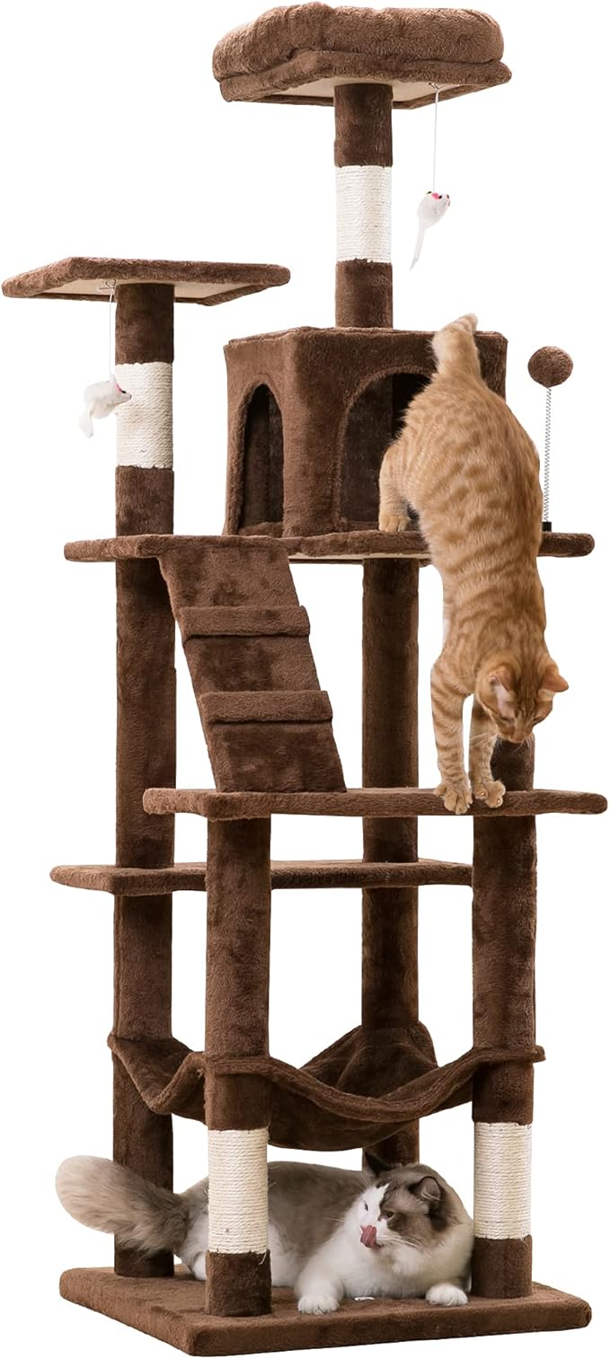 MWPO 63.8 inches Multi-Level Cat Tree for Large Cats with Sisal-Covered Scratching Posts, Padded Platform, Hammock and Condo,Stable Cat Tower Cat Condo Pet Play House (Brown)