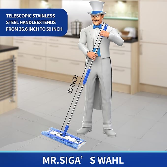 MR.SIGA Professional Microfiber Mop for Hardwood, Laminate, Tile Floor Cleaning, Stainless Steel Telescopic Handle - 3 Reusable Flat Mop Refills and 1 Dirt Removal Scrubber Included