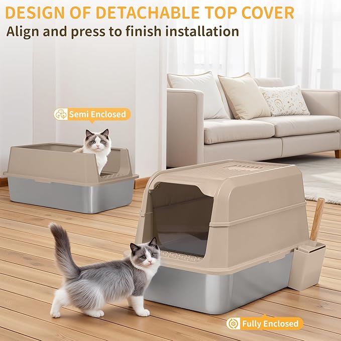Stainless Steel Litter Box with Lid, XL Extra Large Cat Litter Box, Enclosed Metal Litter Pan with High Sided Enclosure & Scoop, Anti Leakage, Easy to Clean, Odor Control(Khaki)