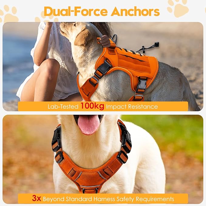 Heavy-Duty Tactical Dog Harness for Large Dogs, No Pull Adjustable Reflective Pet Vest with Molle System, K9 Military-Grade Control for Service Training, Outdoor & 10+ Breeds, Orange, XX-Large