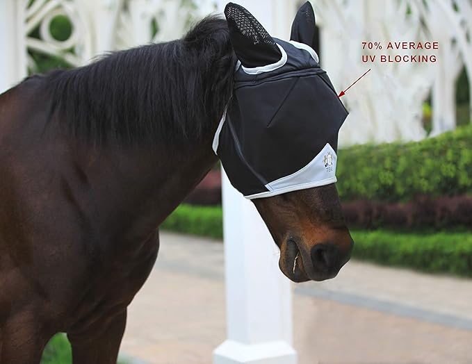 T TEKE Fine Mesh Horse Fly Mask w/Ears, UV Blocking 3D Eye Visor with Extra Fleece Cushioned Forehead, Protection from Insect Pests