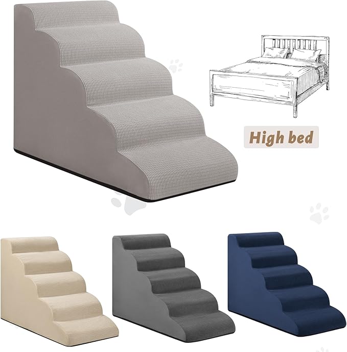 5-Step Dog Stairs and Ramp for High Bed, Non-Slip Sturdy Pet Steps for Small Dogs and Cats,22.2" H,Light Grey