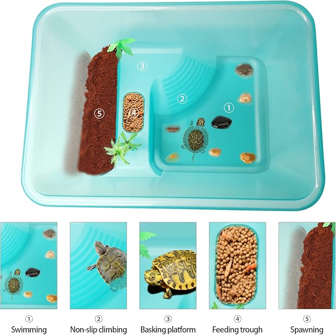Fhiny Turtle Tank with Lid, Plastic Reptile Terrarium Turtle Breeding Box with Basking Platform Tortoise Aquarium for Crayfish Hermit Crabs Geckos Lizards Habitat Prevent Escaping (Small)