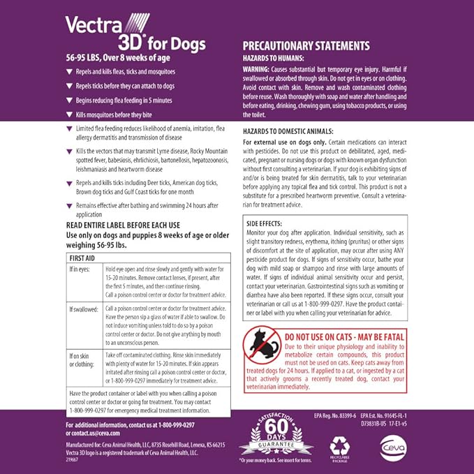 Vectra 3D for Dogs Flea, Tick & Mosquito Treatment & Prevention for Large Dogs (56 to 95 lbs) , 3 month supply