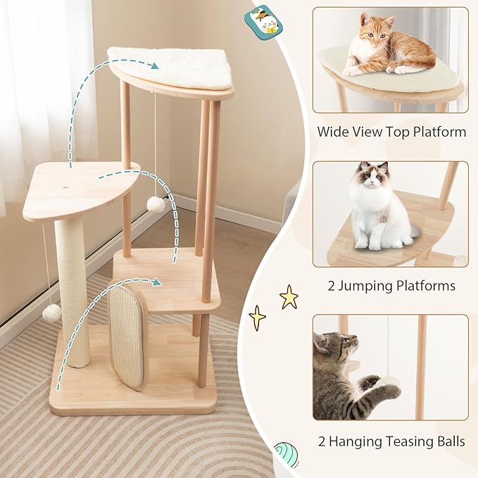 Tangkula Wood Cat Tree for Indoor Cats, Multi-Level Modern Cat Tower with Sisal Scratching Board & Post, Padded Perch, Platform, Hanging Toy, Minimalist Kitten Activity Center for Small & Medium Cats