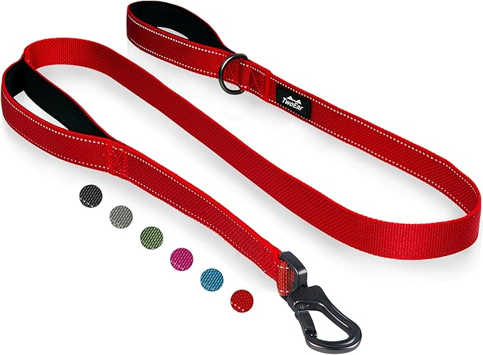TwoEar 6FT 1IN Strong Red Dog Leash with 2 Padded Handles, Traffic Handle Extra Control, Comfortable Soft Dual Handle, Auto Lock Hook, Reflective Walking Lead for Small Medium and Large Dogs