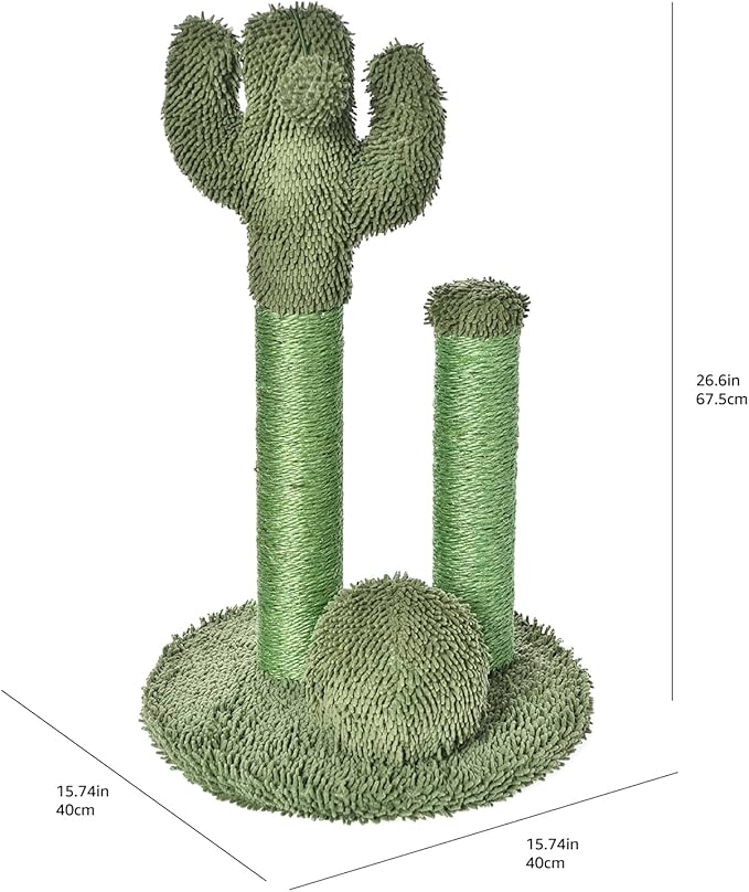 Amazon Basics Cat Scratcher - Indoor Cactus Triple Posts Cat & Kittens Scratching Post with Dangling Ball, Large (27"H) - Green