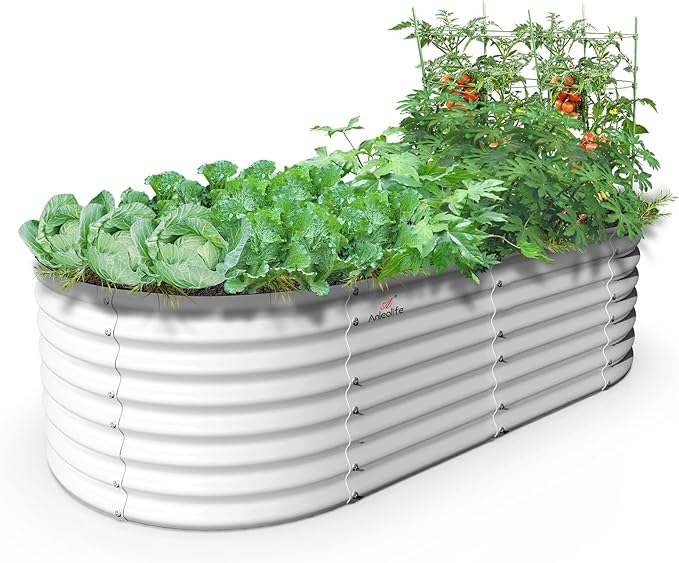A ANLEOLIFE 6X3X2 ft Galvanized Raised Garden Beds Outdoor, Oval Large Metal Deep Root Planter Box for Planting Vegetables Flowers Herb, Anti-Rust & Easy-Setup, Antique White