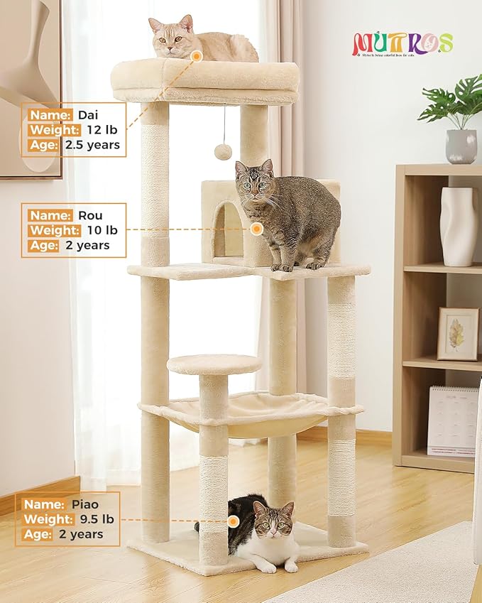 Cat Tree for Large Cats Adult with Metal Plush Big Hammock, 56.3" Cat Tower with 2 Door Condo House, 6-Tier Cat Shelves with Scratching Posts and Large Top Perch, Beige