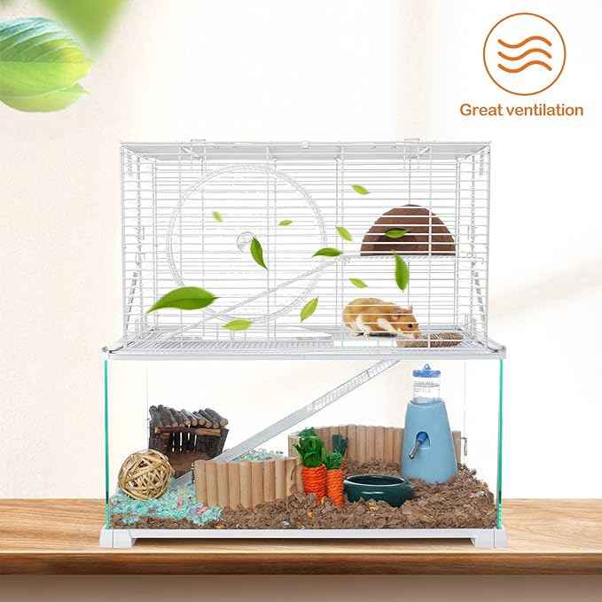OIIBO 3 Tiers Large Hamster Cages Glass, Heightened Wire Topper with Two Shelf and Two Ladders Ramps, Openable Top, Easy to Clean Removeable Waterproof PVC Tray Medium