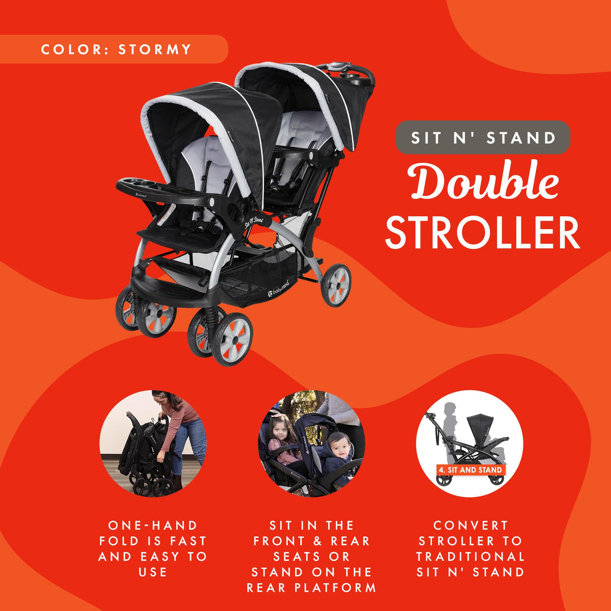 Baby Trend Double Infant and Toddler Stroller w/ Harness and Basket, Sit N' Stand, Stormy - Convertible Twin and Tandem Strollers for Babies