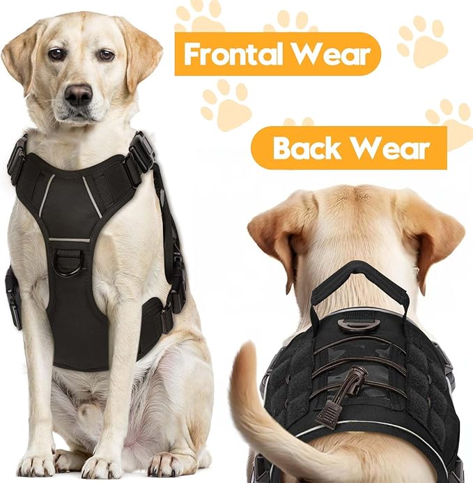 Heavy-Duty Tactical Dog Harness for Large Dogs, No Pull Adjustable Reflective Pet Vest with Molle System, K9 Military-Grade Control for Service Training, Outdoor & 10+ Breeds, Black, Medium