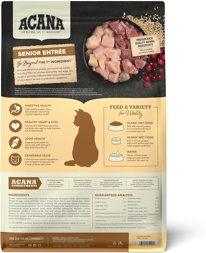 ACANA Dry Cat Food for Seniors Senior Entrée Chicken Turkey and Duck 4lb Bag