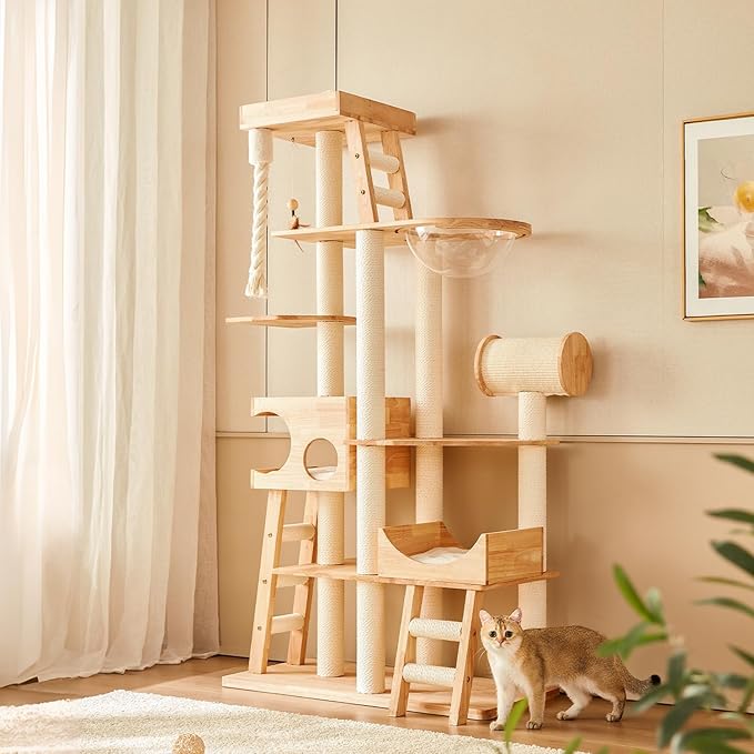 Wood Cat Tree for Indoor Cats, Modern Cat Tower, Unique Cat Condo with House, Tall Luxury Furniture with Heavy Duty Wide Base, Kraft Paper Rope Scratching Post, Removable Cushion (74.8-inch)