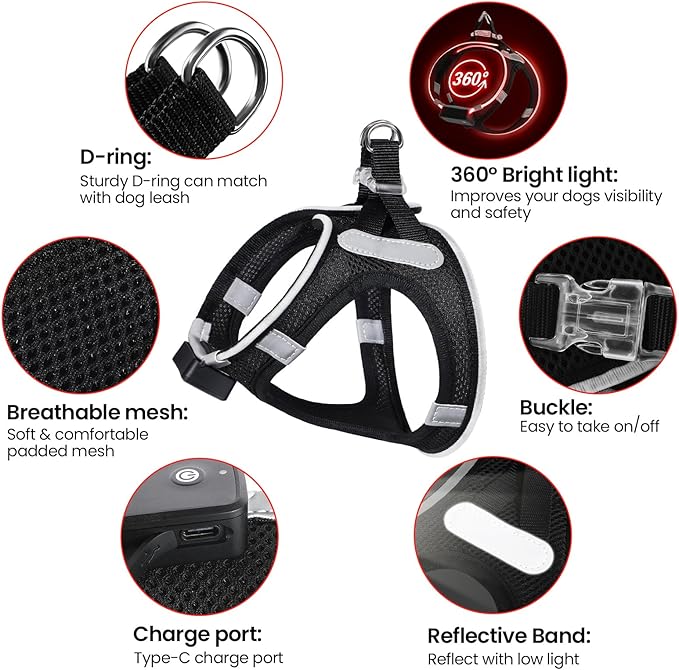 PceoTllar Light Up Dog Harness, LED No Pull Reflective Dog Harness, Flashing Lighted for Night Walking - Small/Medium, (Black Red,s)