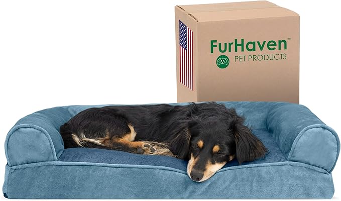 Furhaven Pillow Dog Bed for Medium/Small Dogs w/ Removable Bolsters & Washable Cover - Faux Fur & Velvet Sofa - Harbor Blue, Medium