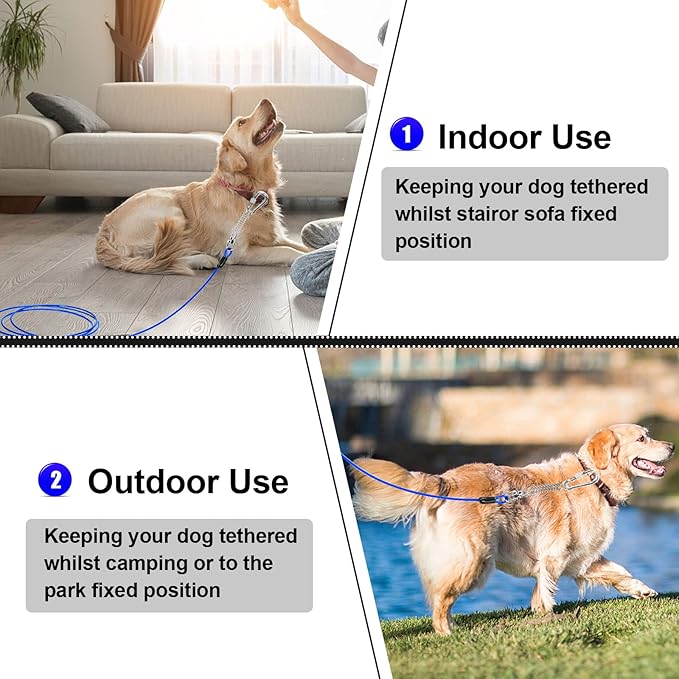 jenico Dog Tie Out Cable, 10/15/20/30/40/50/70/100/150FT Runner Cable with Swivel Hook and Shock Spring, Dog Leash Run Tether for Yard Outdoor and Camping,for Small to Medium Pets Up to 500 LBS
