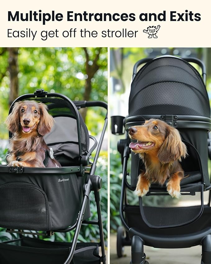 Pet Stroller for Small Dogs and Cats, One-Click Foldable Dog Stroller with Detachable Carrier & 3 Safety Tethers, Holds up to 33 lbs, Storage Basket & Cup Holder, Breathable Mesh, Black