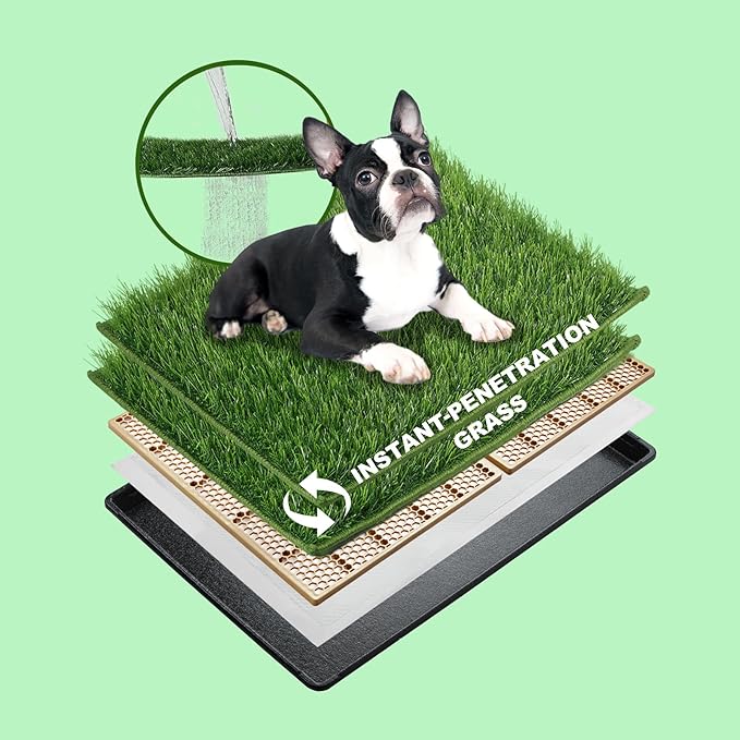 MEEXPAWS Dog Grass Pad with Tray Medium, Artificial Grass Pad for Dog Potty with Tray New Generation Instant-Penetration, Dog Litter Box for Balcony, Dog Potty Grass Hemmed Edge, Disposable Pee Pad