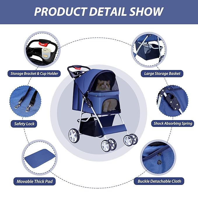 4 Wheels Pet Stroller for Small Medium Dogs Cats 10-33 lbs, Foldable Dog and Cat Stroller with Cup Holder & Storage Basket & Breathable Mesh, Pet Strolling Cart for All-Season, Navy Blue