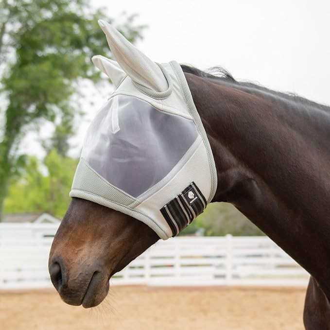 Equinavia Algard Soft Mesh Horse Fly Mask with Ear Protection and 45 UPF Rating | No Eye Irritation & UV Protection - Silver - Horse